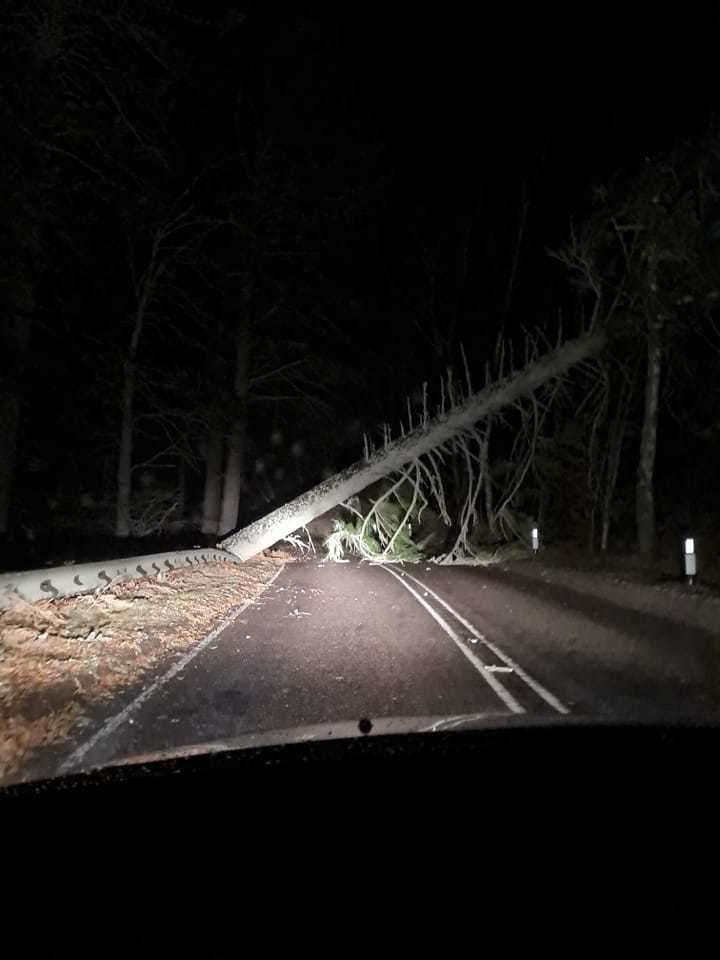 A blockage on the Dava road, the Forres side of Alistair Young Engineering. Tree debris is all over the road to Grantown-on-Spey. Picture by Debbie Mcintosh