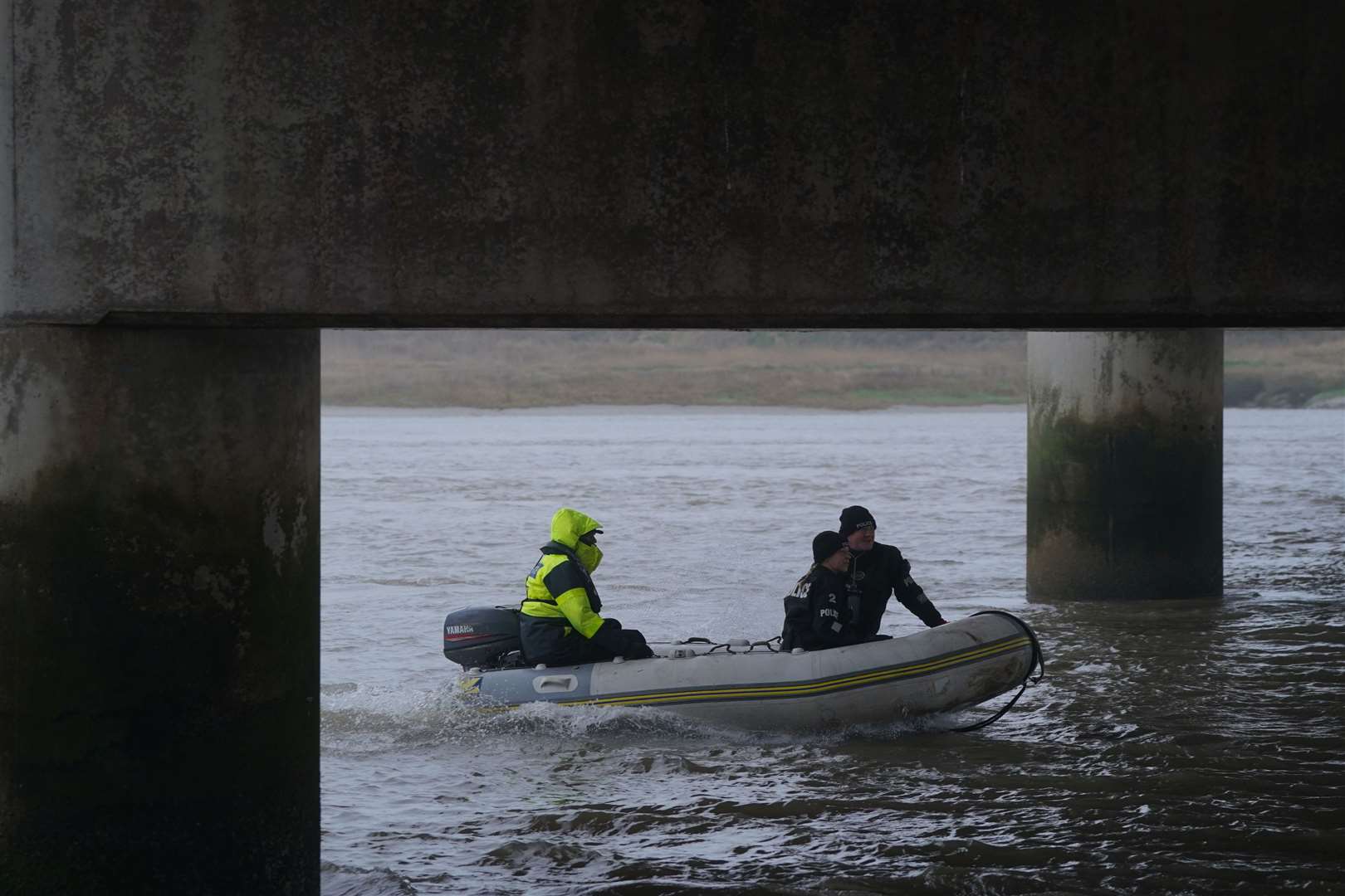 The police Search and Rescue team on the river at the Shard Bridge on the River Wyre in Lancashire (Owen Humphreys/PA)