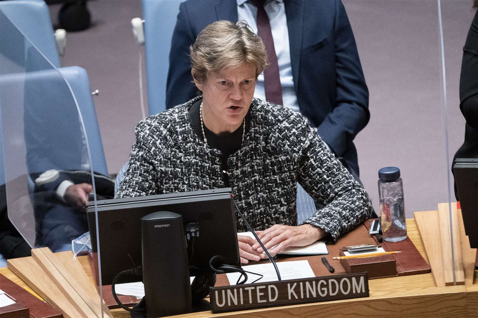 Barbara Woodward, permanent representative of the United Kingdom to the United Nations, speaks during a meeting of the security council (John Minchillo/PA)