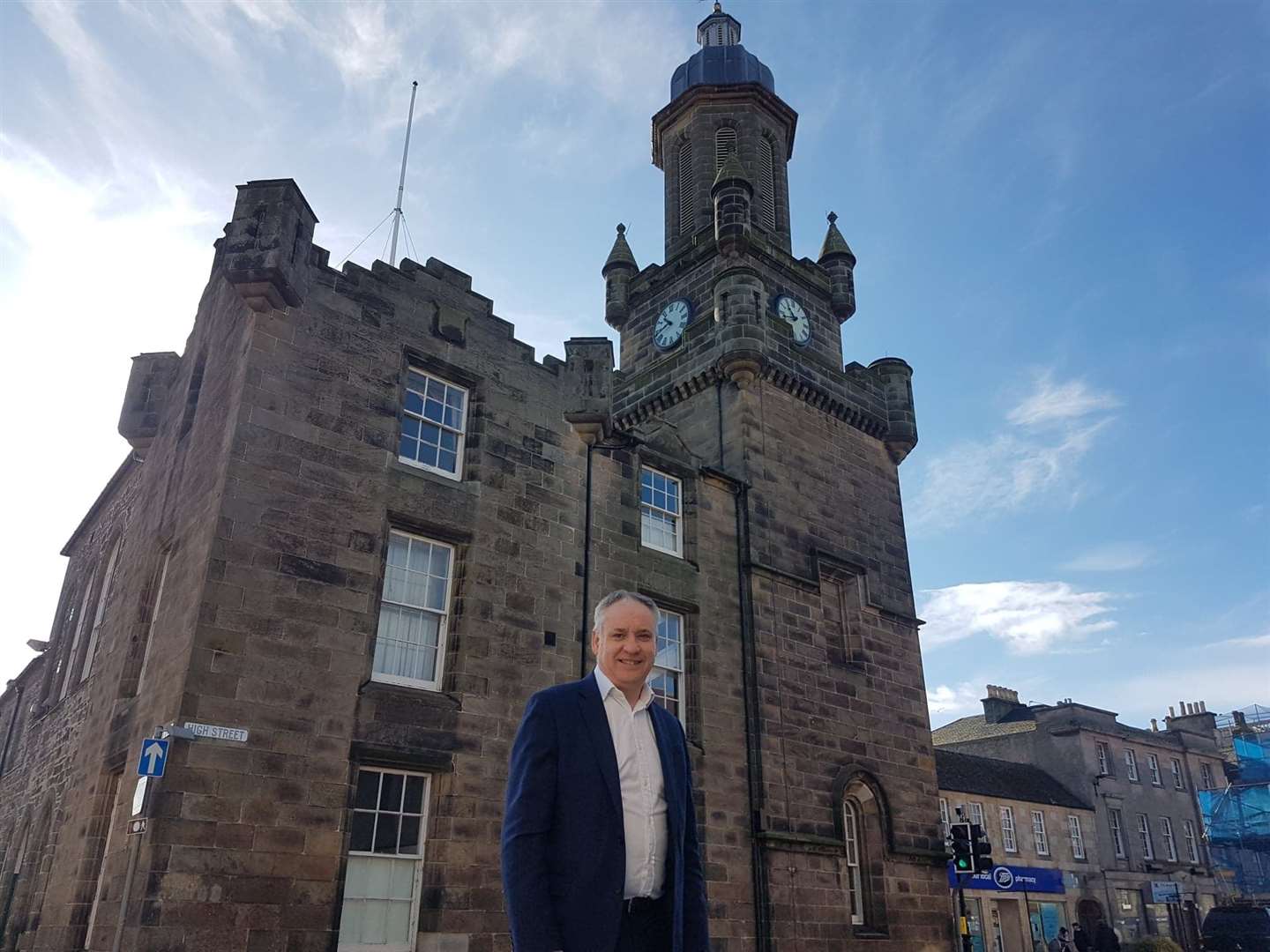 Richard Lochhead outside Forres Community Council's usual meeting place, the Tolbooth.