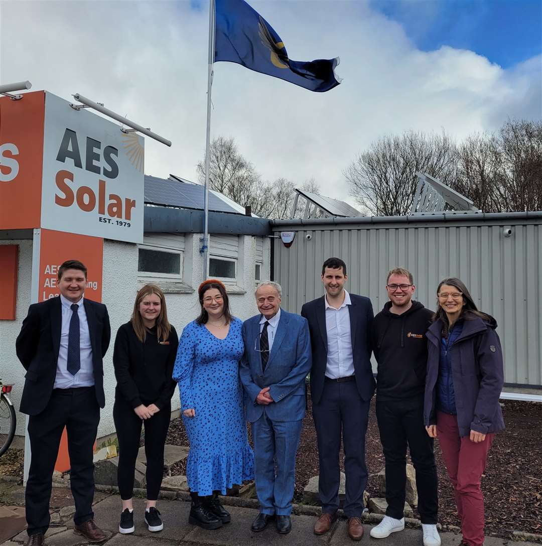 Ariane Burgess MSP (right) with AES Solar commercial director Jamie Di Sotto, graduate apprentice design engineer Keira Wright, marketing manager Hannah Jakobsen, managing director George Goudsmit, engineering manager Matthew Milne and scheduling coordinator Cameron Duncan.