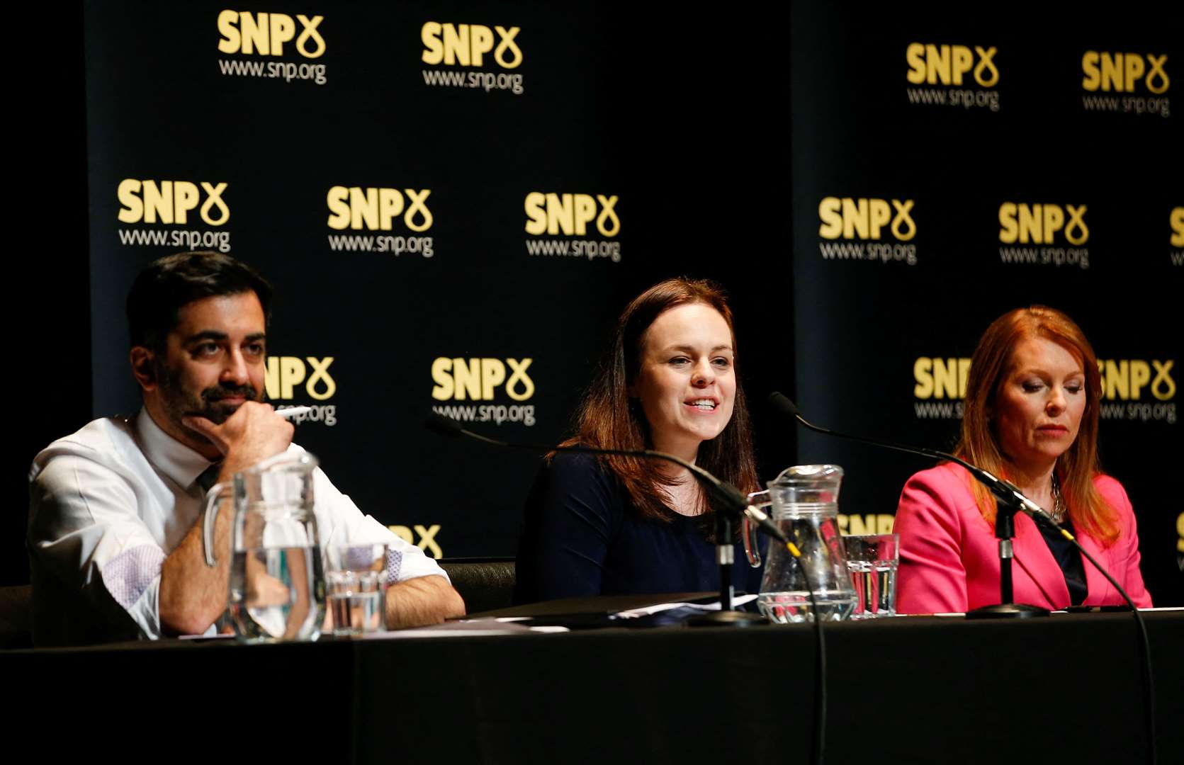 Humza Yousaf beat Kate Forbes, centre, and Ash Regan to be named leader of the SNP (Craig Brough/PA)