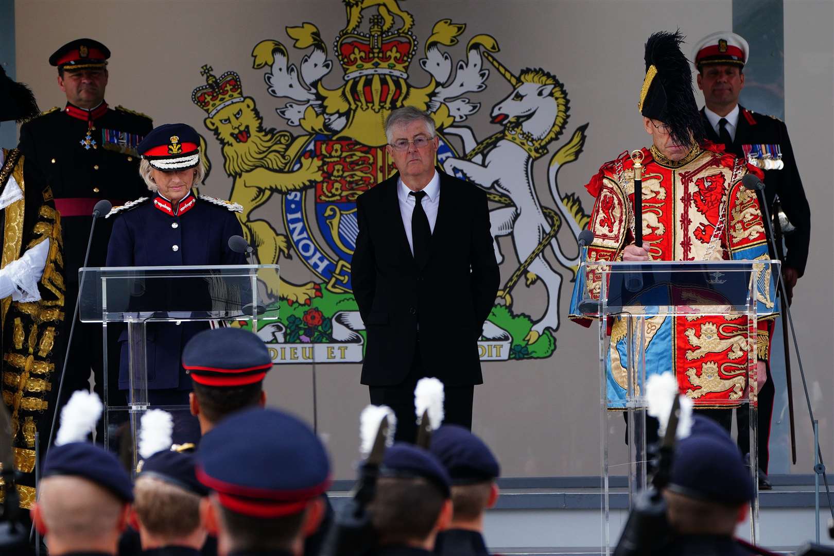 (left to right) Lord Lieutenant of South Glamorgan, Morfudd Meredith, First Minister of Wales Mark Drakeford and Wales Herald of Arms Extraordinary, Thomas Lloyd (Ben Birchall/PA)
