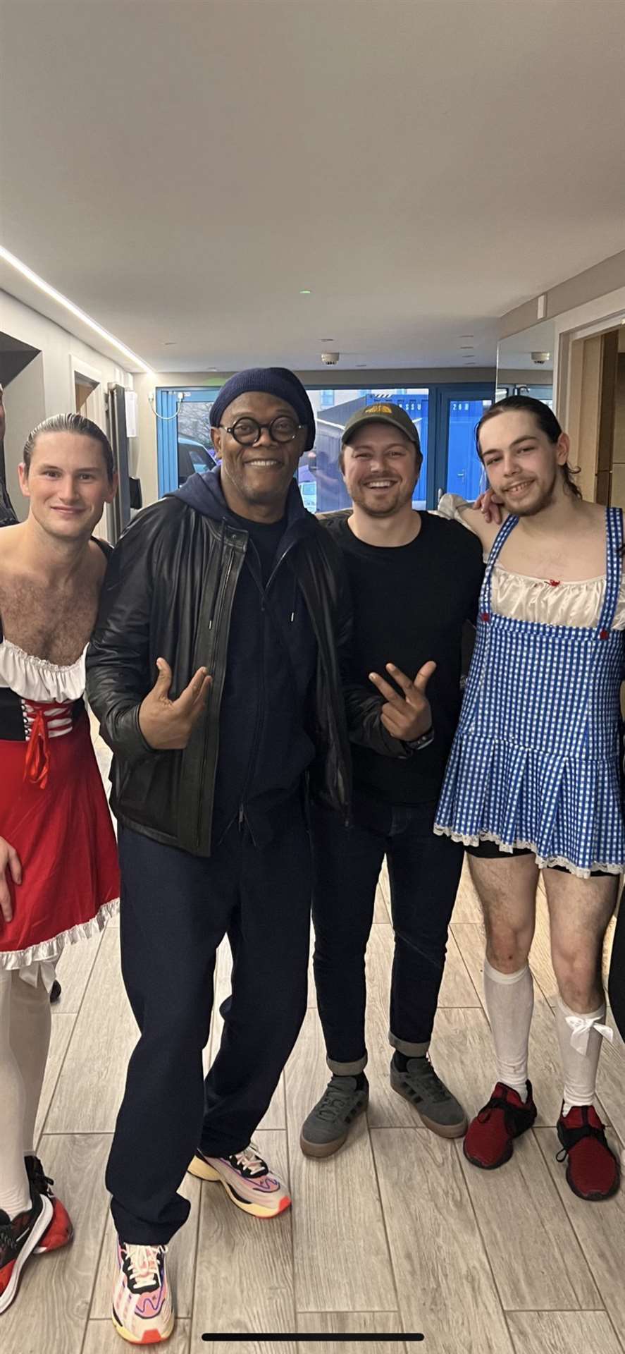 Samuel L Jackson pictured with Bongo’s Bingo host Ste Taylor (second from right) with drag dancers Kinky Kylie (left) and Hairy Mary (right) (Ste Taylor/Bongo’s Bingo/PA)