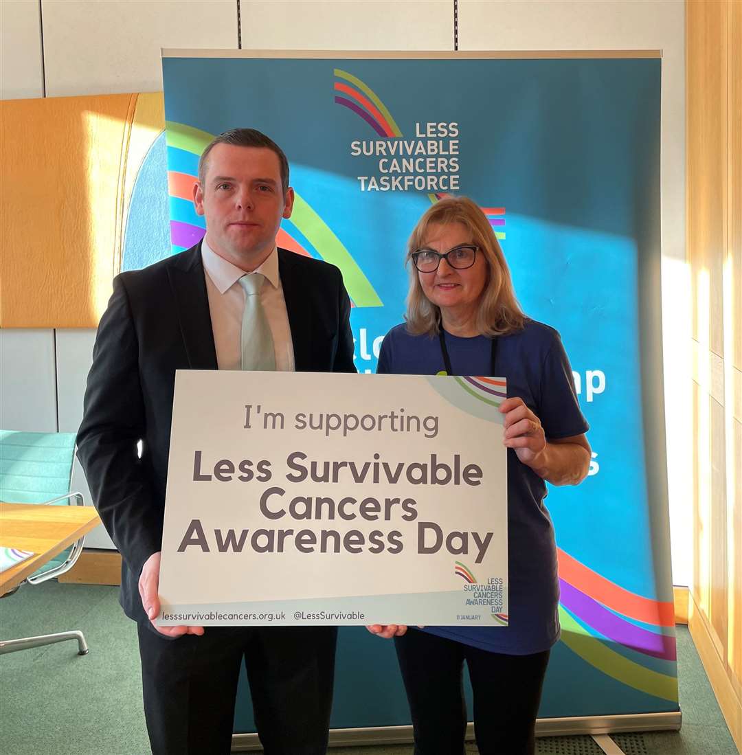 Douglas Ross MP, pictured here with Gill from the taskforce in parliament on Less Survivable Cancer Awareness Day.