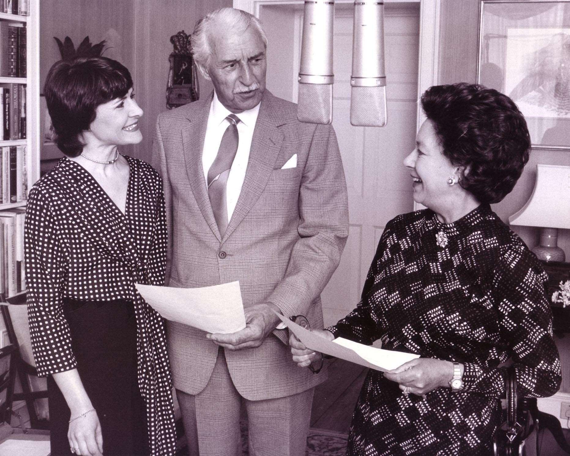 The Archers cast members Sara Coward and Arnold Peters with Princess Margaret during the recording of a special episode of The Archers in 1984 (PA)