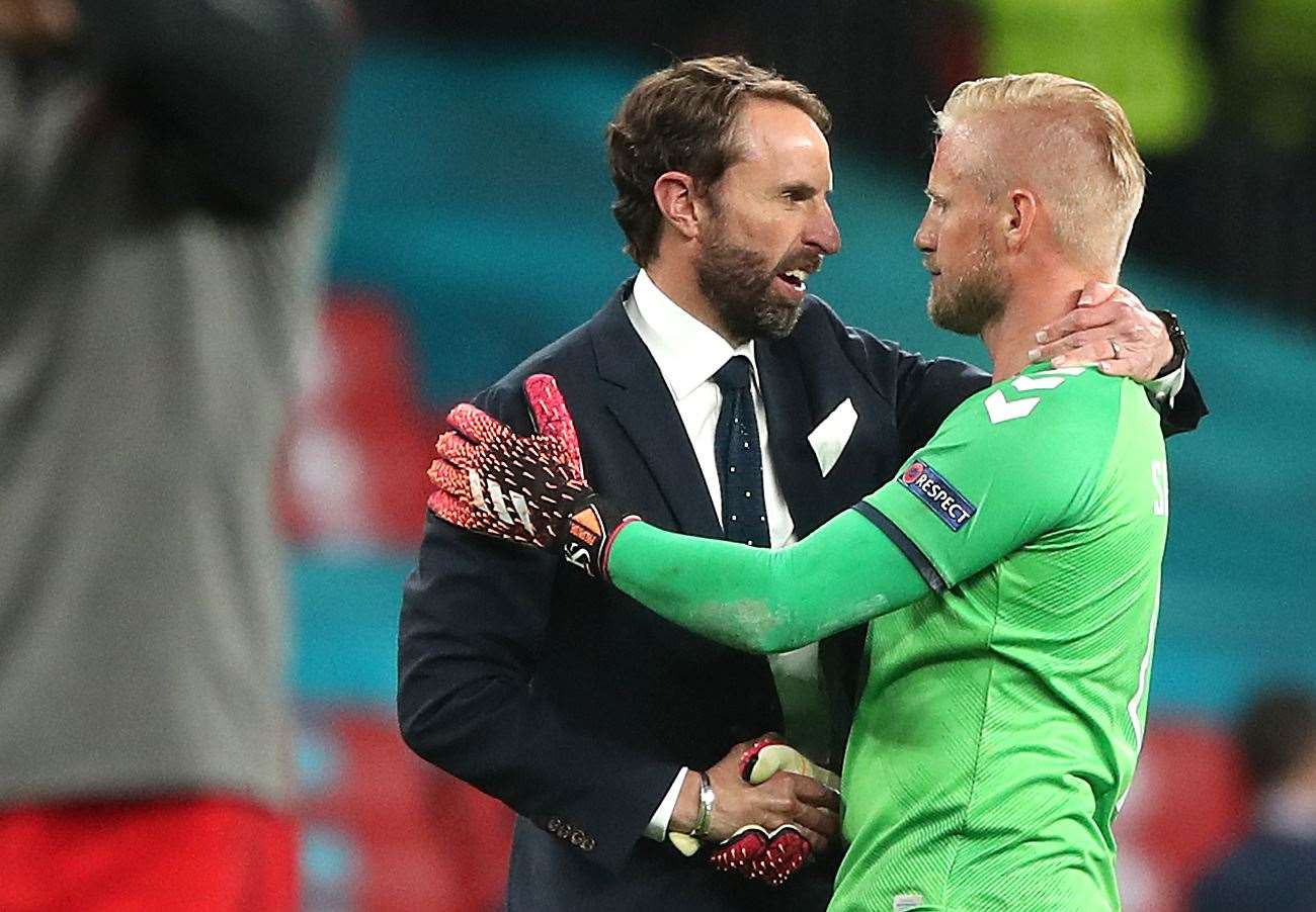 England manager Gareth Southgate shaking hands with Schmeichel after the match (Nick Potts/PA)