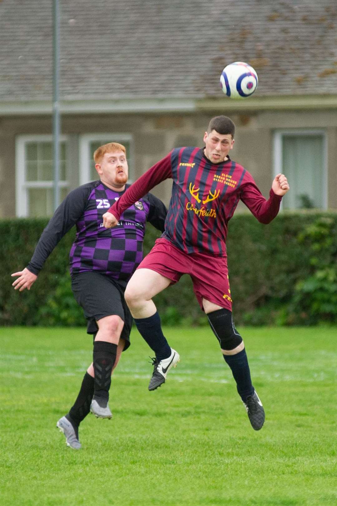 Mosset's Fraser Thom and Caberfeidh's Ryan King...Mosset Tavern FC (5) vs Caberfeidh FC (4) - Forres & Nairn Welfare League...Picture: Daniel Forsyth..