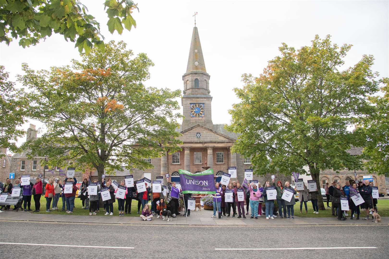 UNISON members from schools and nurseries across Moray gathered in the Square at Fochabers. Picture: Daniel Forsyth.