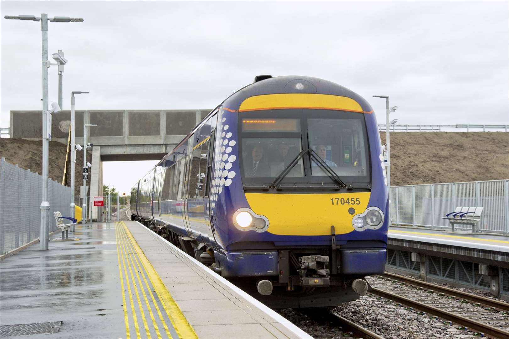 A ScotRail train arrives into Forres Train Station.