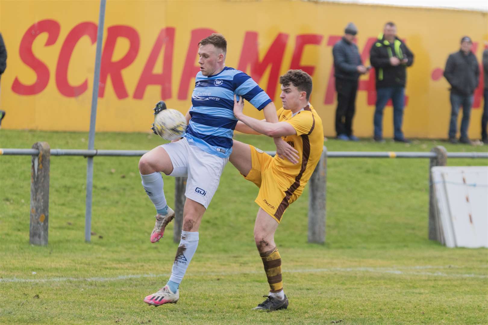 Defender Ruari Fraser in action against Banks O' Dee for Forres Mechanics. He netted his first senior goal against the Aberdeen side in Huntly colours. Picture: Beth Taylor