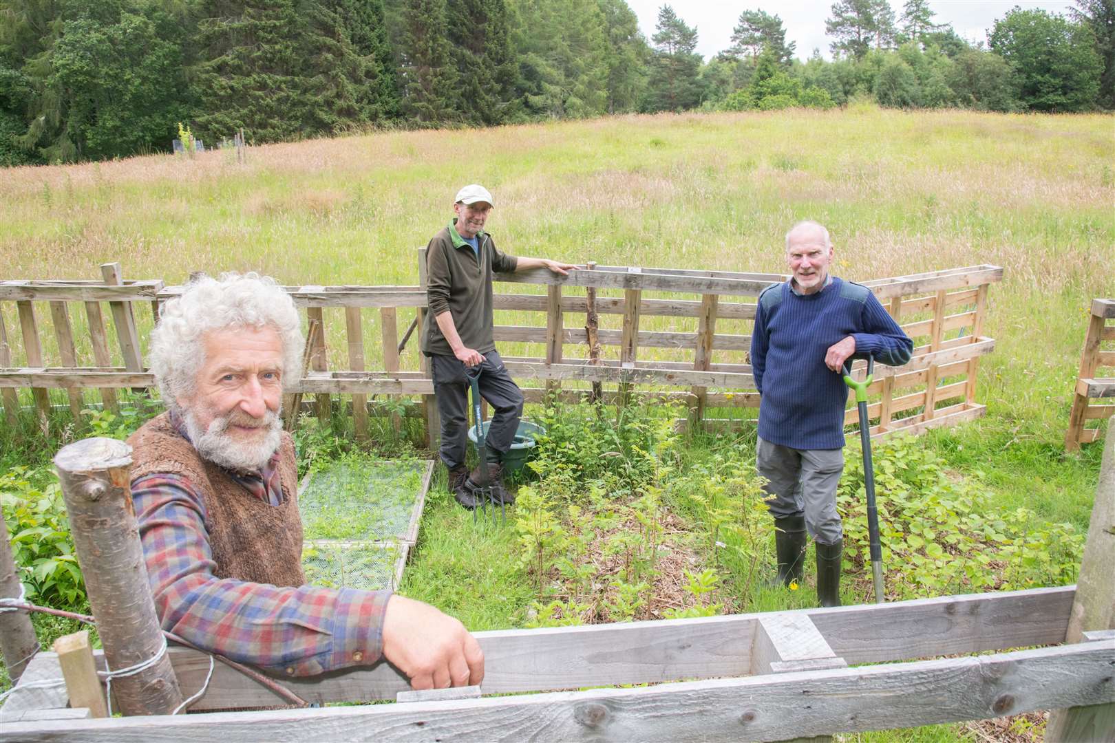 Nick Molnar (left), Mick Drury (centre) and George Paul (right) of Friends of Woods and Fields at the group's field near Sanquhar.