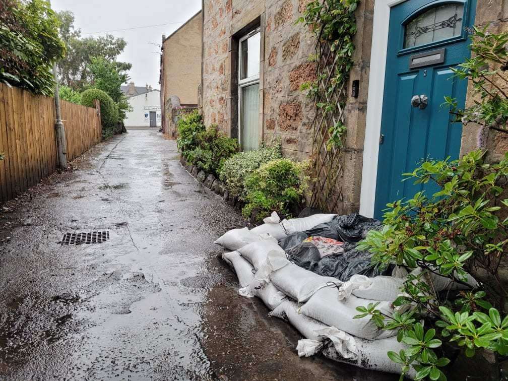 Sandbags on Burngreen Lane. The flash flood was particularly bad at the bottom of Gordon Street and North Road.