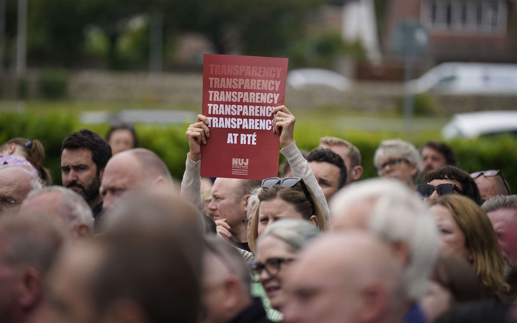 Members of staff from RTE take part in a protest at the broadcaster’s headquarters in Donnybrook (PA/Niall Carson)