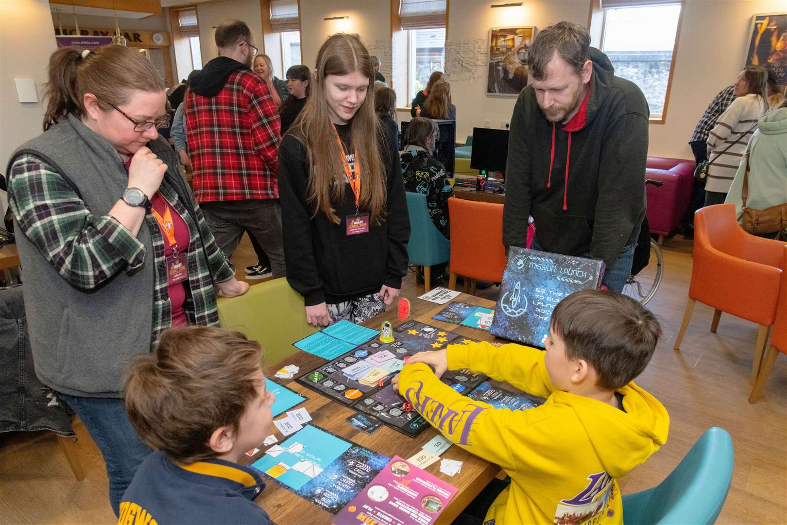 Members of the public enjoying Mission Launch at the Moray Game Jam 2024 with the theme Up Up and Away held at UHI Moray, in the Beechtree Restaurant. Picture: Beth Taylor