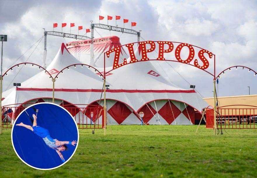 The circus is coming to town and inset, Alexander Lichner flies through the air. Picture: Piet-Hein_