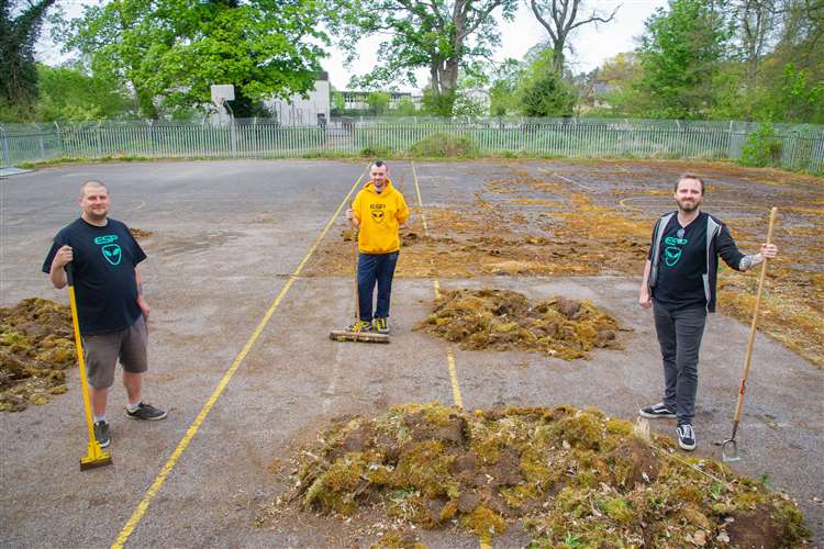 Left to Right: Jamie Curry, Mike Robertson and Adam Wilson. A group of local skateboarders have started to clean up and renovate the former skatepark and basketball courts near Forres Academy. Picture: Daniel Forsyth.