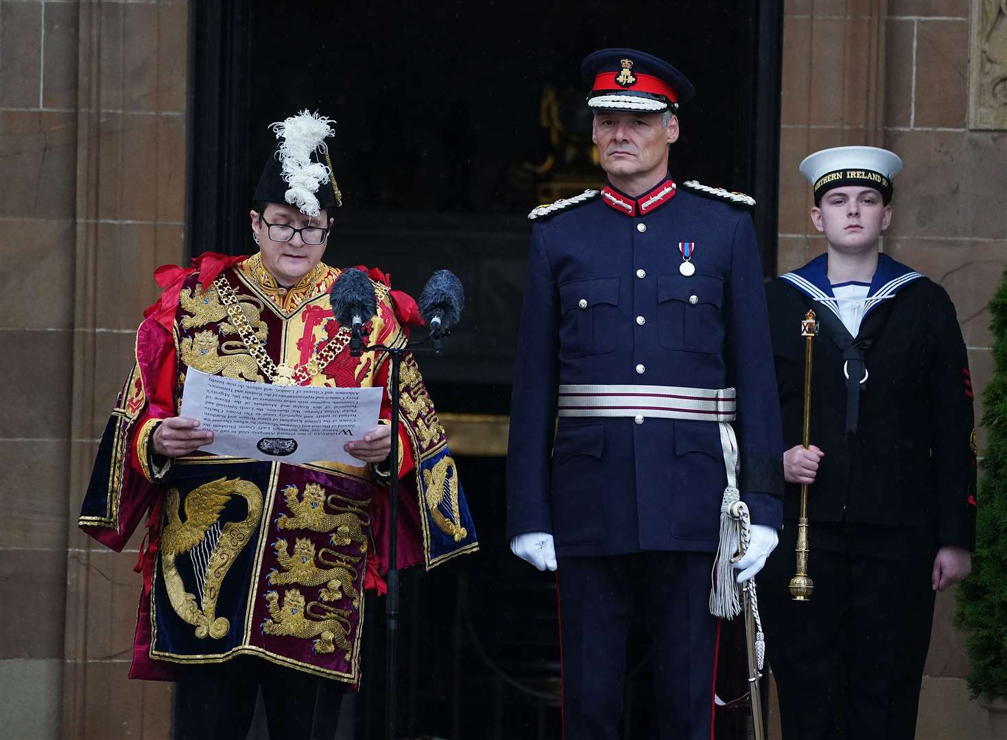 Norroy and Ulster King of Arms Robert Noel (left) read the Accession Proclamation at Hillsborough Castle on Sunday (Brian Lawless/PA)