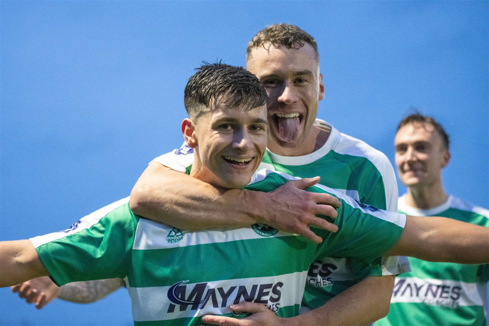 Buckie Thistle's Max Barry and Scott Adams after scoring the opener. ..Forres Mechanics FC (1) vs Buckie Thistle FC (8) - Highland Football League 23/24 - Mosset Park, Forres 30/12/2023...Picture: Daniel Forsyth..