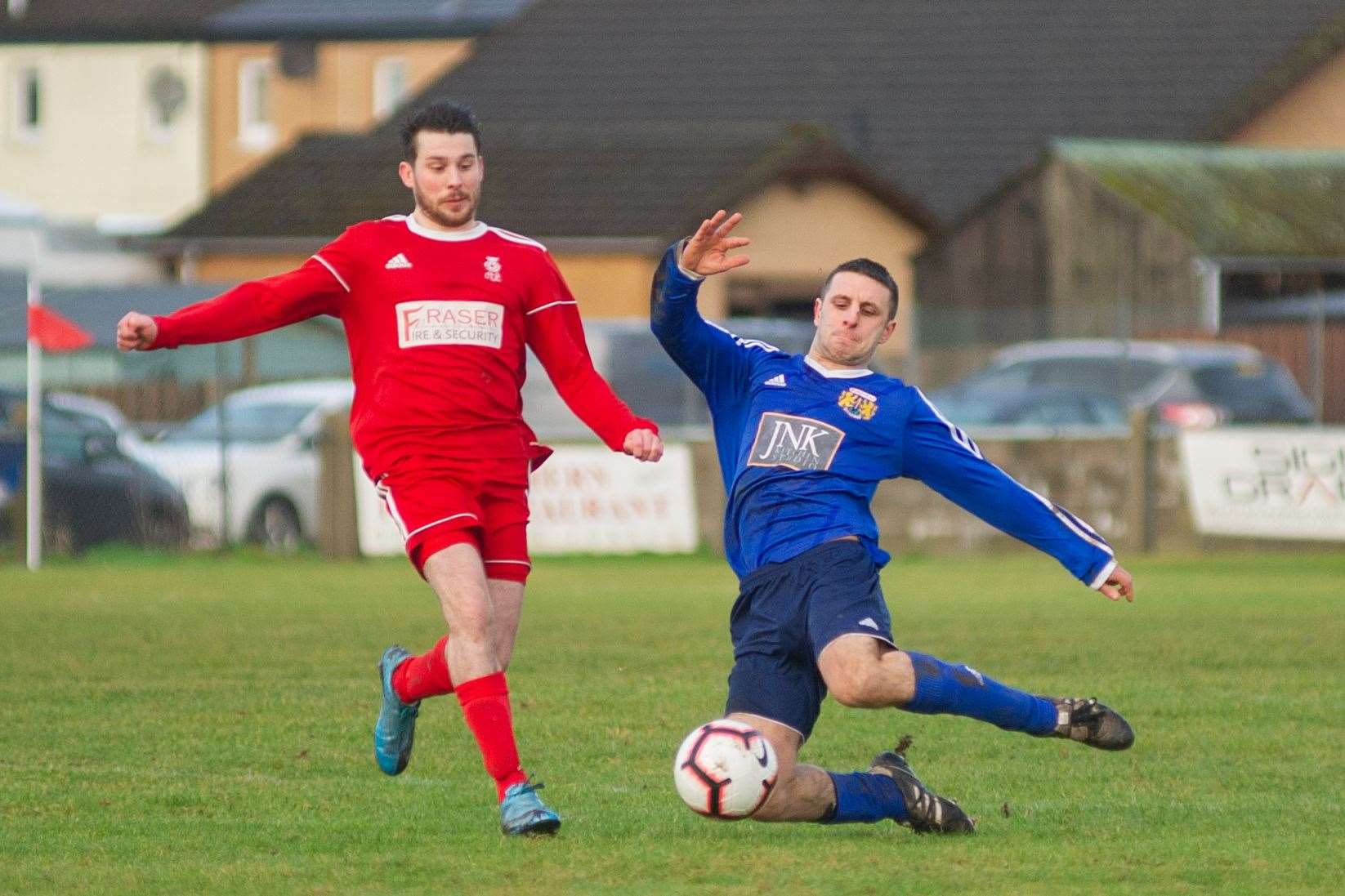 Matty Fraser (left) came off the Forres Thistle bench to set up their winning goal against Newmachar. Picture: Daniel Forsyth..