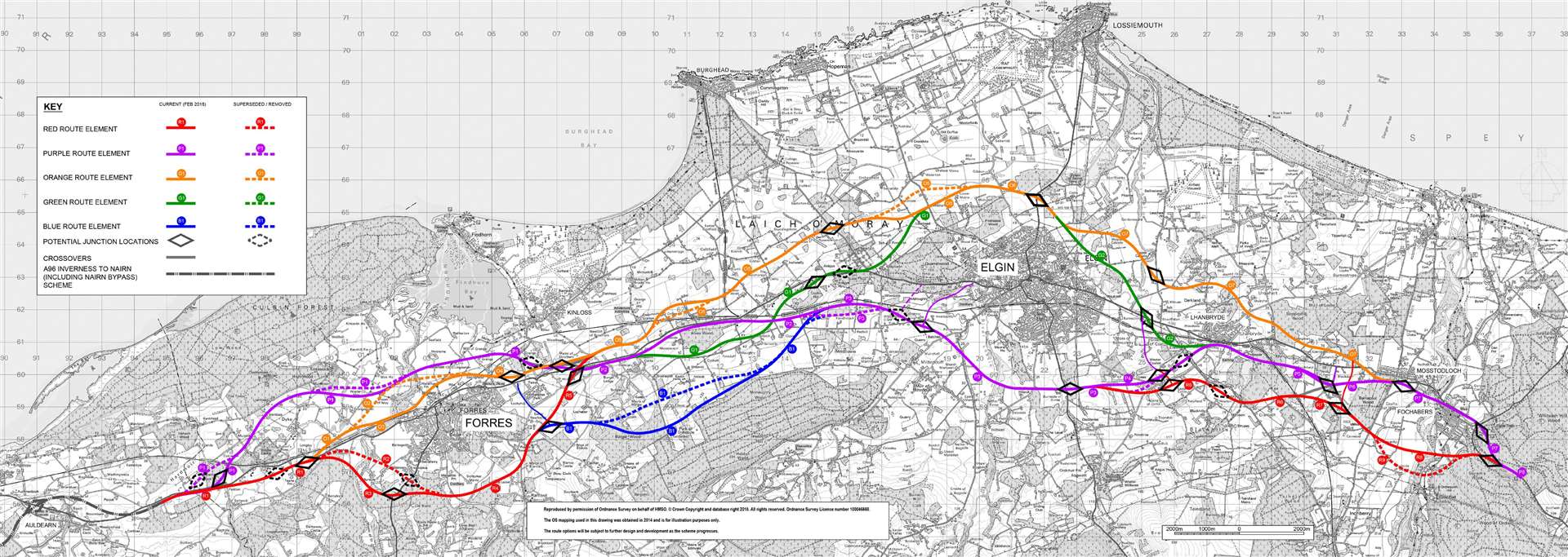 Transport Scotland's original options for the A96 Hardmuir to Fochabers dialling scheme at Forres.