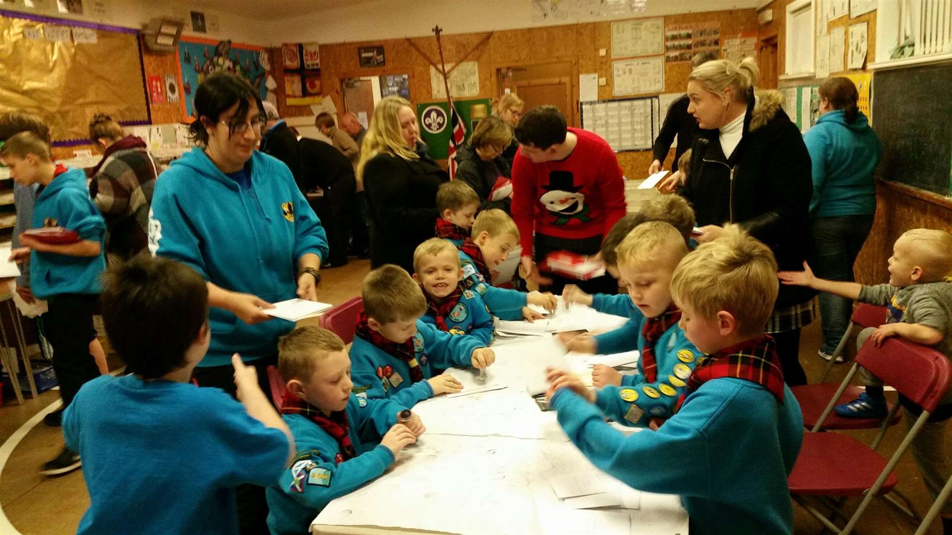 Sorting the post at the Scout hut.