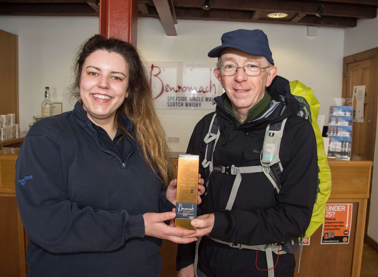 He stopped off at Benromach distillery were Lois Pace gifted him a bottle of whisky...Martin Shipley is walking round the coast of Britain to raise money for the thrombosis charity...Picture: Becky Saunderson. Image No.043517.