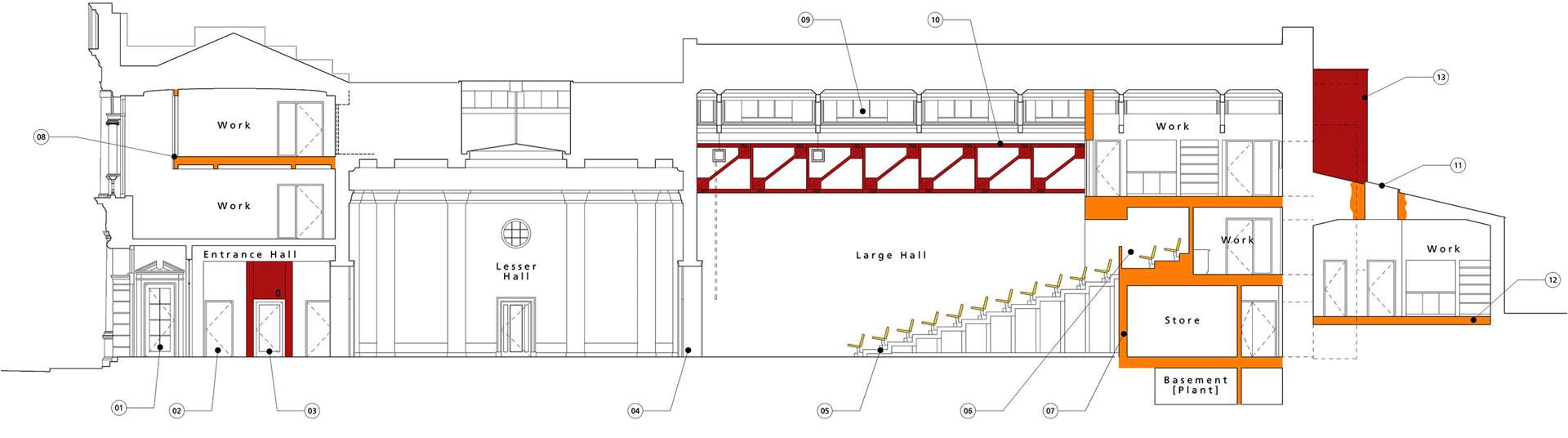A side elevation of the plans for Forres Town Hall.