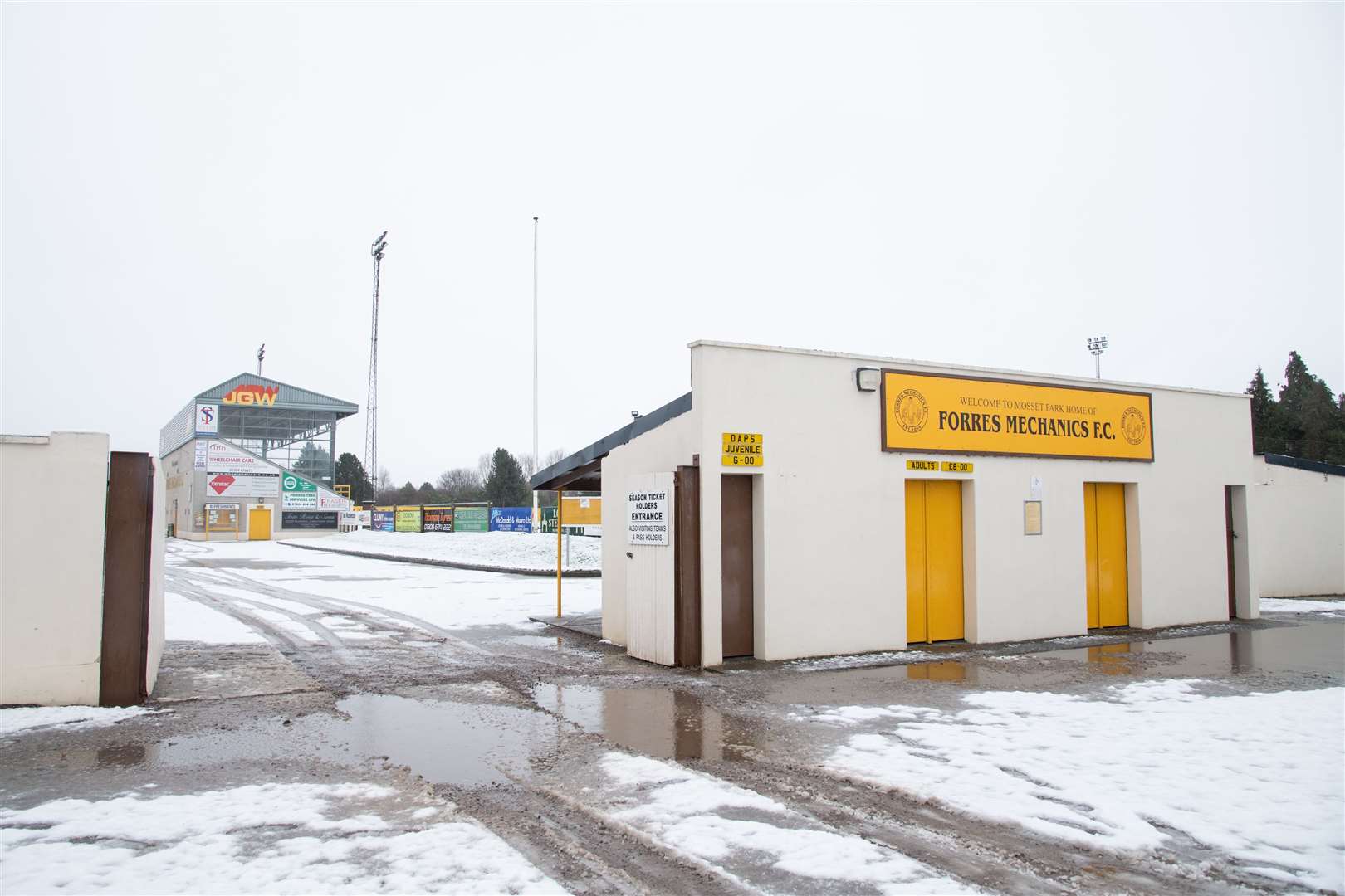 Mosset Park was snowbound at the weekend and the pitch is now waterlogged. Picture: Daniel Forsyth..