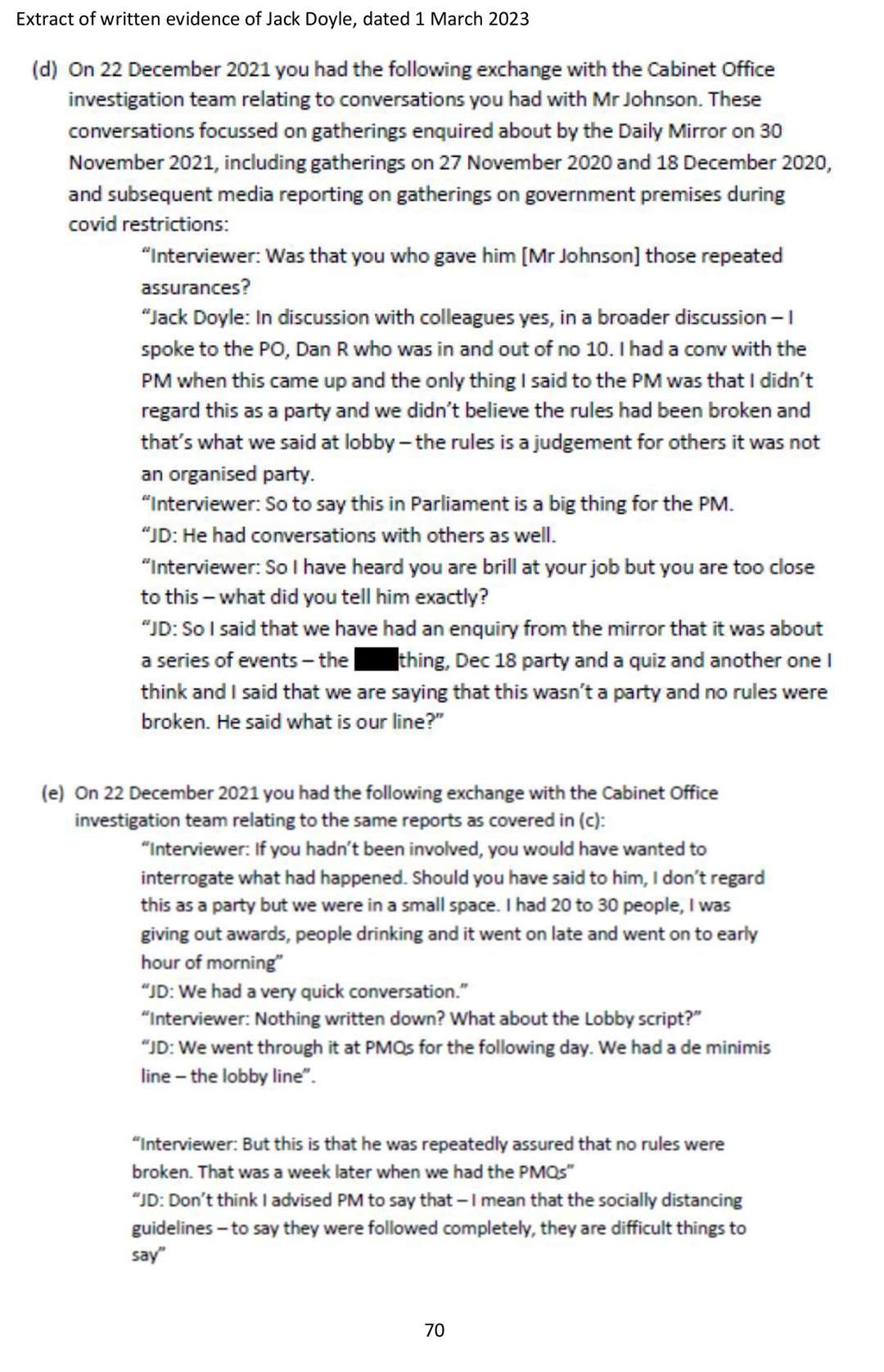 Written evidence of Jack Doyle, released as part of the Commons Privileges Committee inquiry into claims that Boris Johnson knowingly misled Parliament over parties at No 10 (House of Commons/PA)