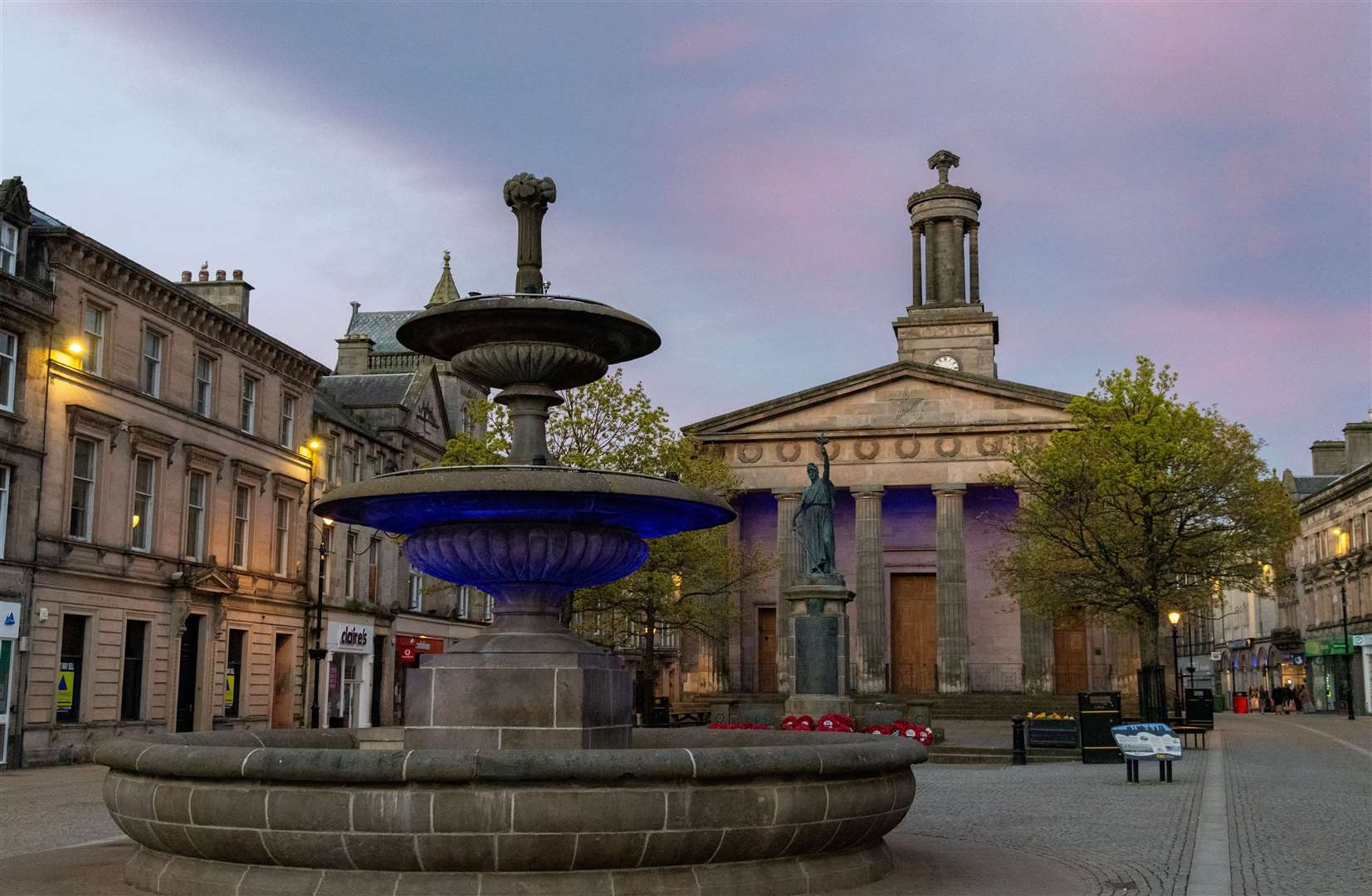 St Giles Church of Scotland in Elgin and the water fountain were lit blue to mark World Parkinson's Day on Thursday April 11…Picture: Beth Taylor