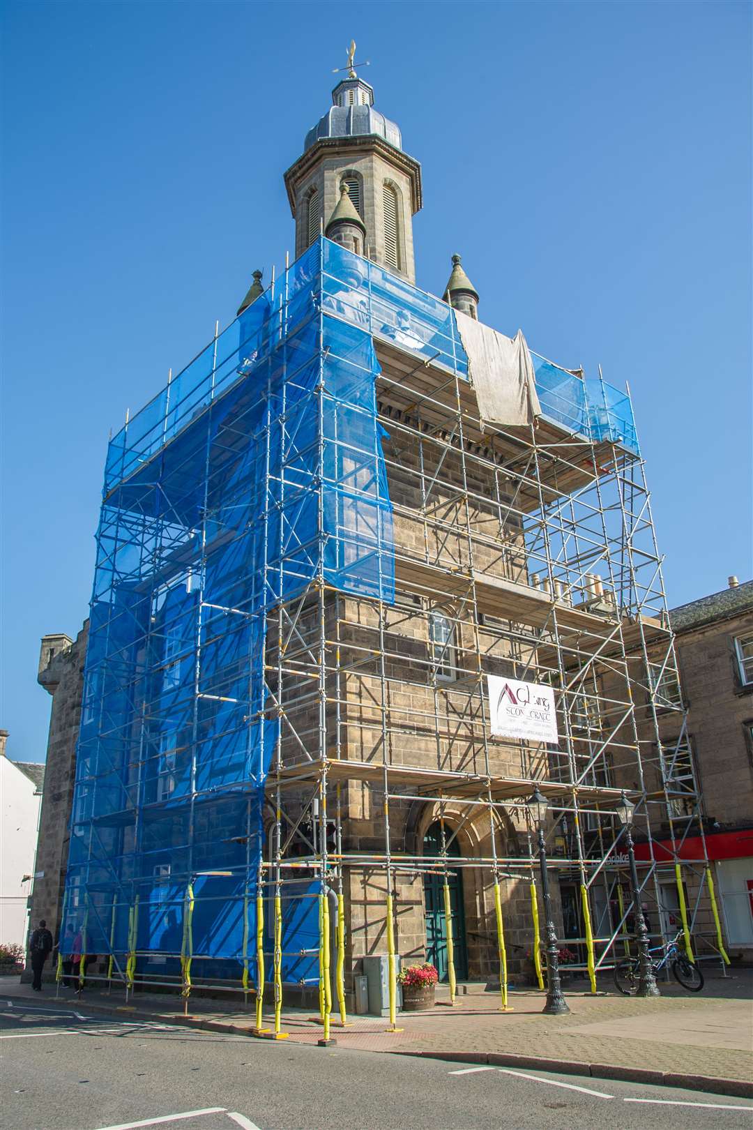 The Forres Tolbooth is covered in scaffolding while maintenance work takes place on the town's landmark. ..Picture: Daniel Forsyth..