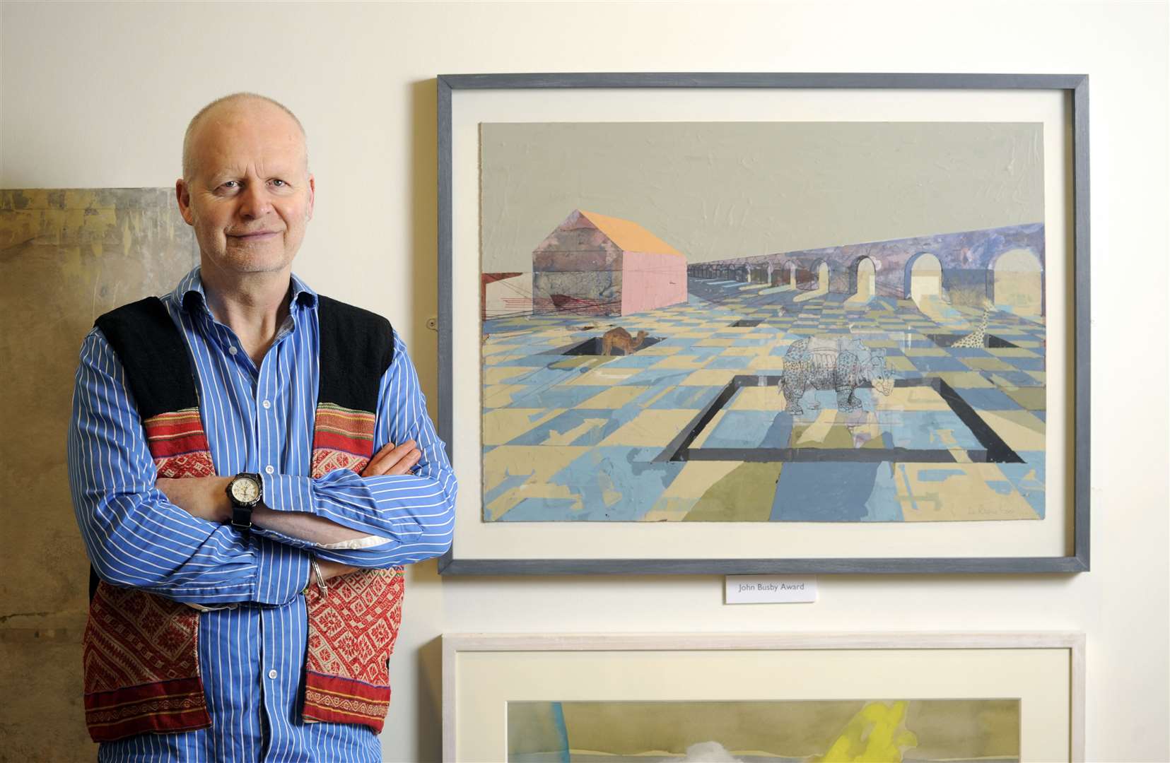 The John Busby Award winner Kenneth Le Riche with his work, "Space as Artifice with Durer's Rhino", at the Royal Scottish Society of Painters in Watercolour Open Annual Exhibition, in Edinburgh. Picture: Colin Hattersley.
