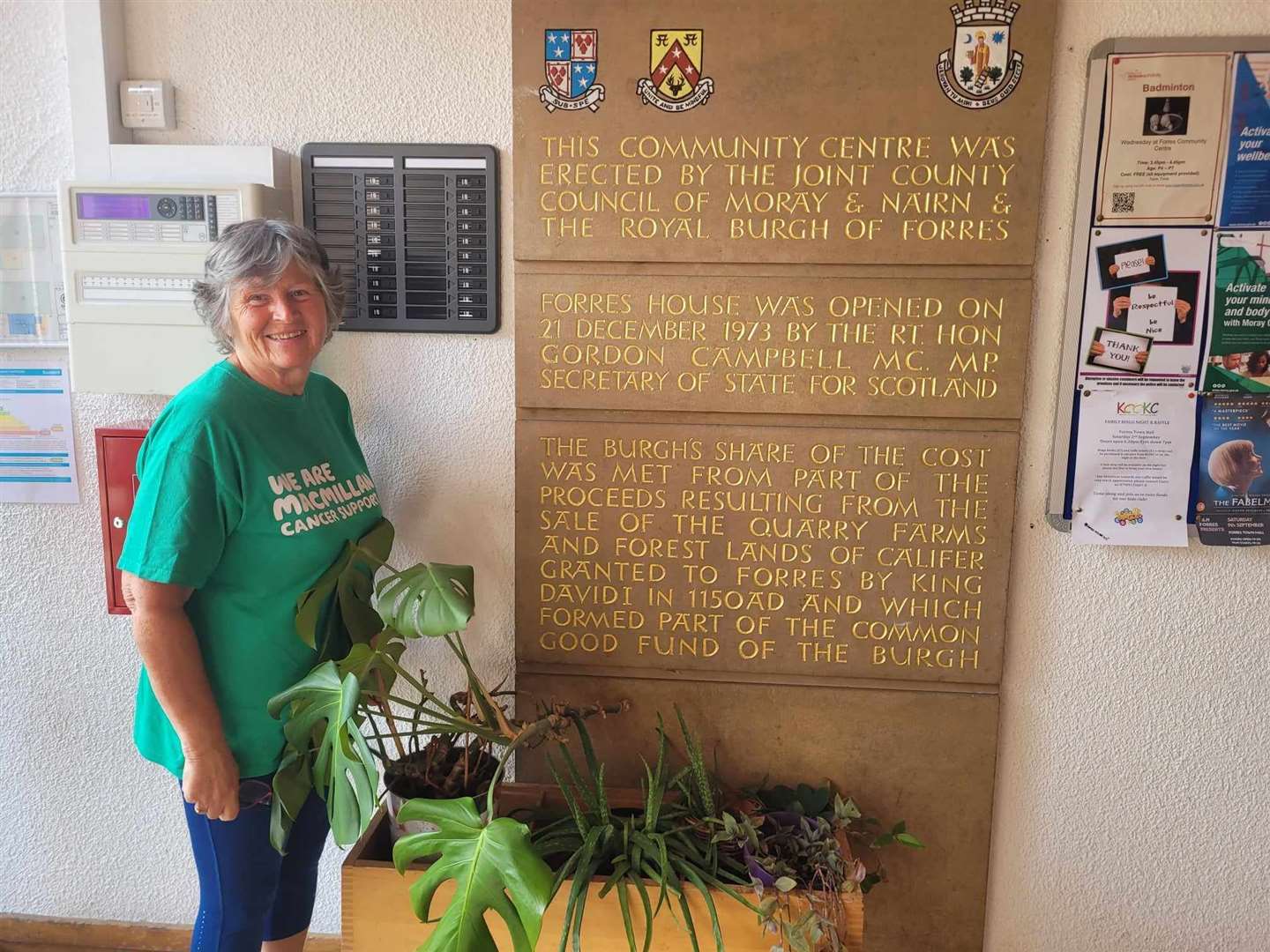 Former centre worker Lorna Creswell at the plaque inside the main entrance of Forres House Community Centre.