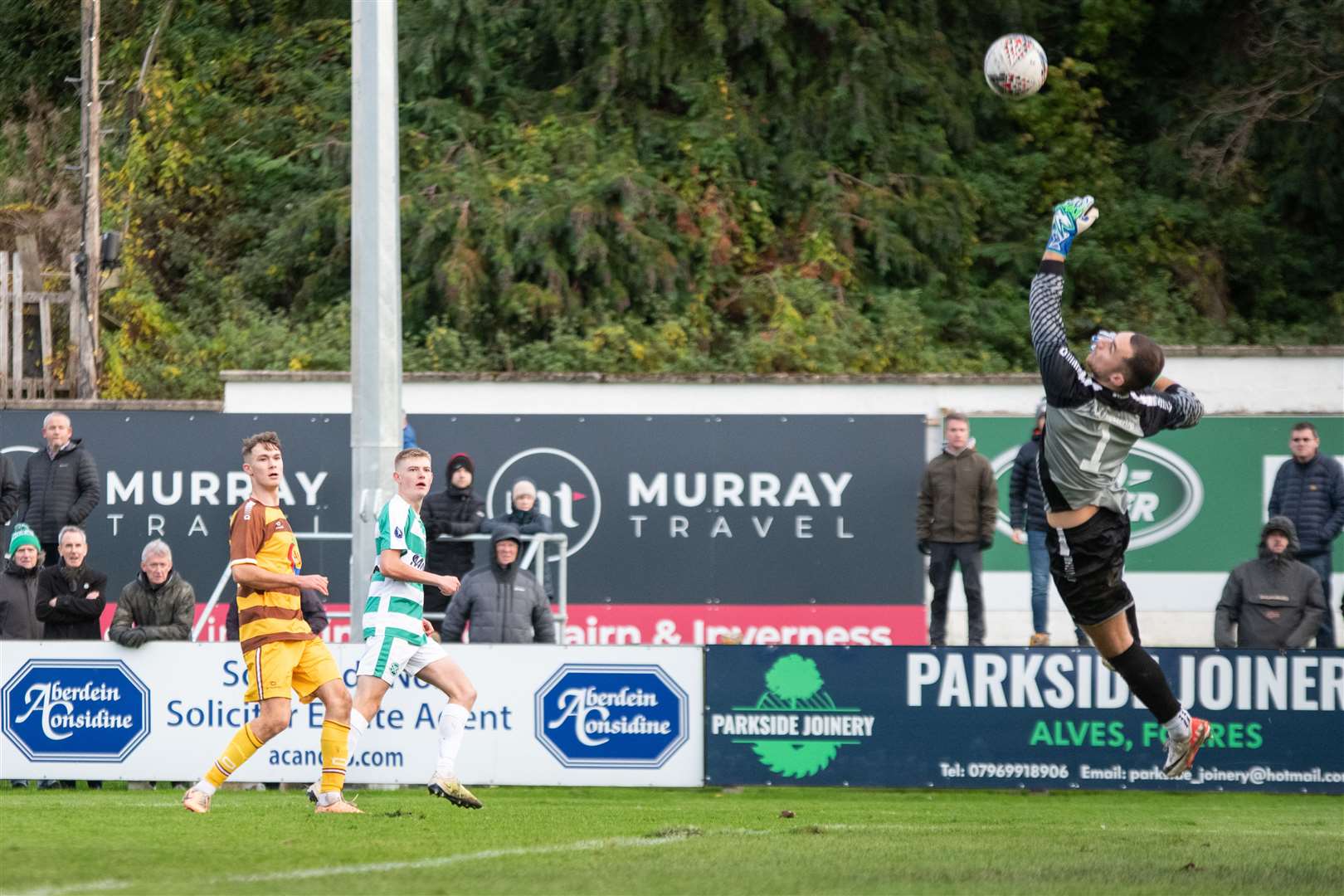 Forres Mechanics' keeper Aidan Macdonald saves well late on...Forres Mechanics FC (0) vs Buckie Thistle FC (1) - Scottish Cup Round Two 23/24 - Mosset Park, Forres 28/10/2023...Picture: Daniel Forsyth..