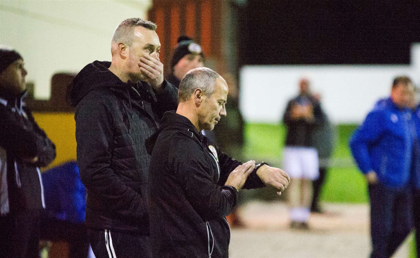 Gordon Connelly checking his watch after the second goal, as a shocked Steven Macdonald looks on. Picture: Becky Saunderson