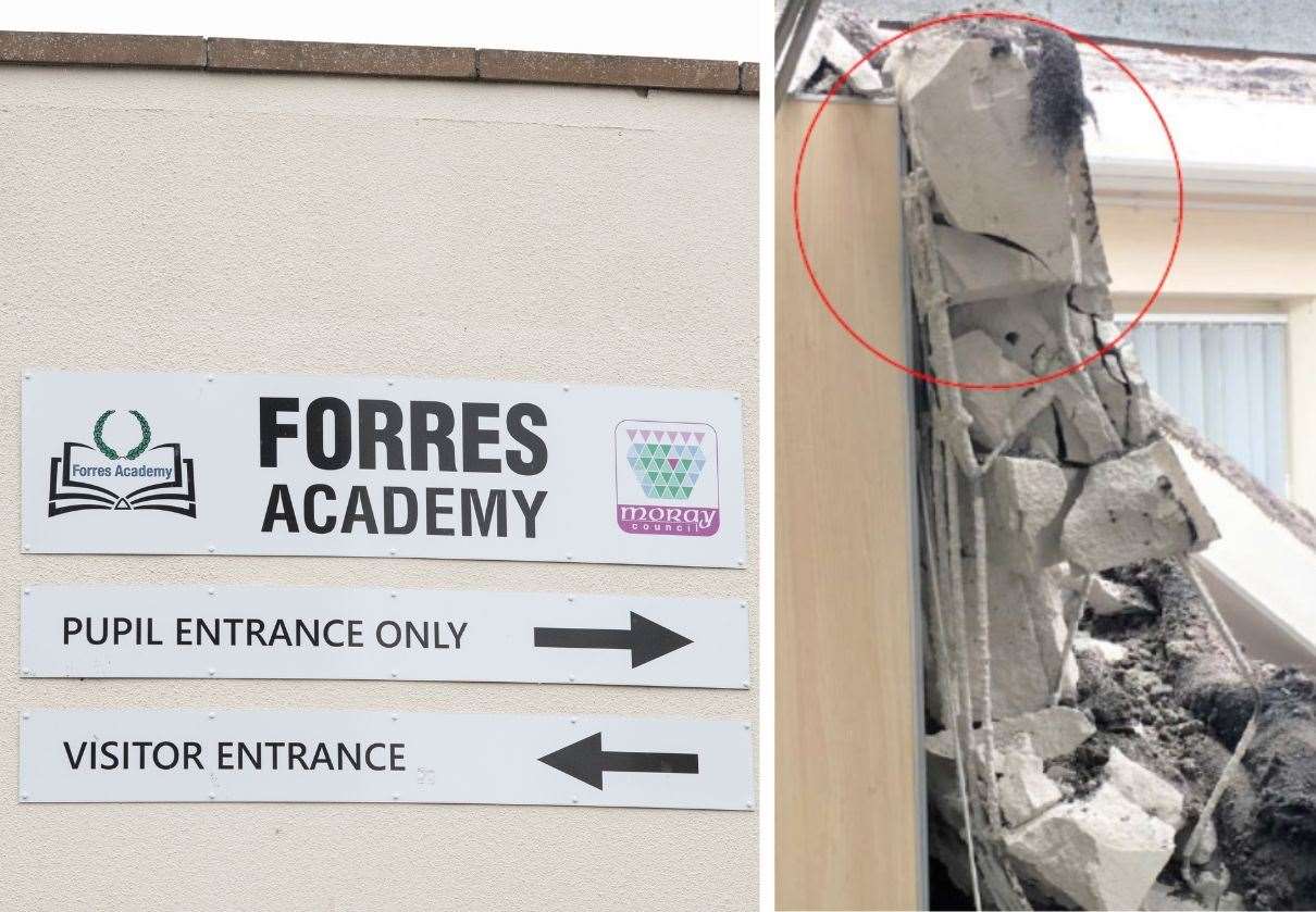 Material linked to a 2018 school collapse (right) has been found in Forres Academy.