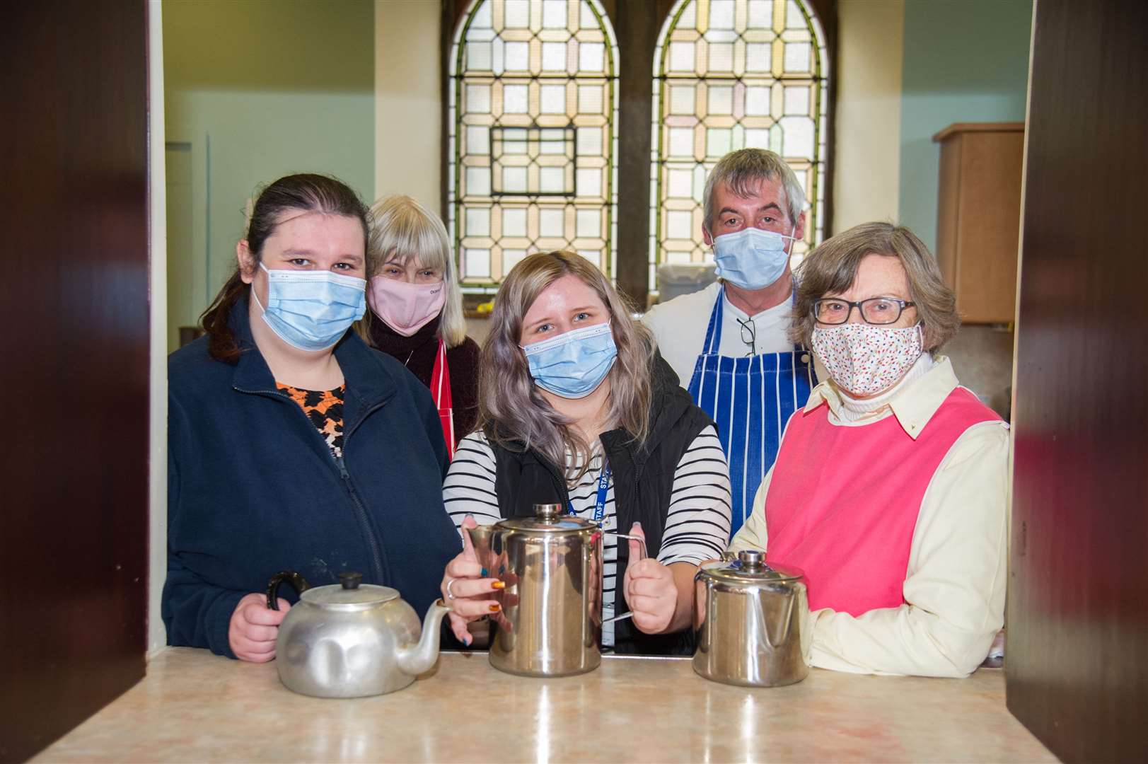Volunteers from left Rowena Andrews, Wendy Kerr, Chloe Lynas, Jim Aird and Gillian Morton...St Leonards church bite and blether...Picture: Becky Saunderson..