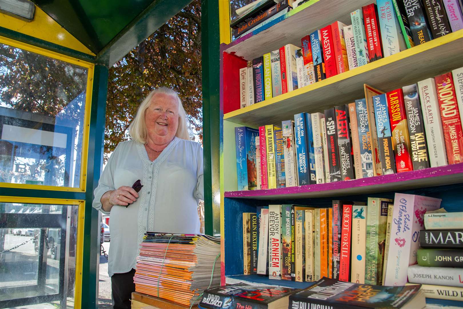 Lesley Boyle came up with the idea of turning the bus stop into a place for locals to trade books during lockdown. Picture: Daniel Forsyth.