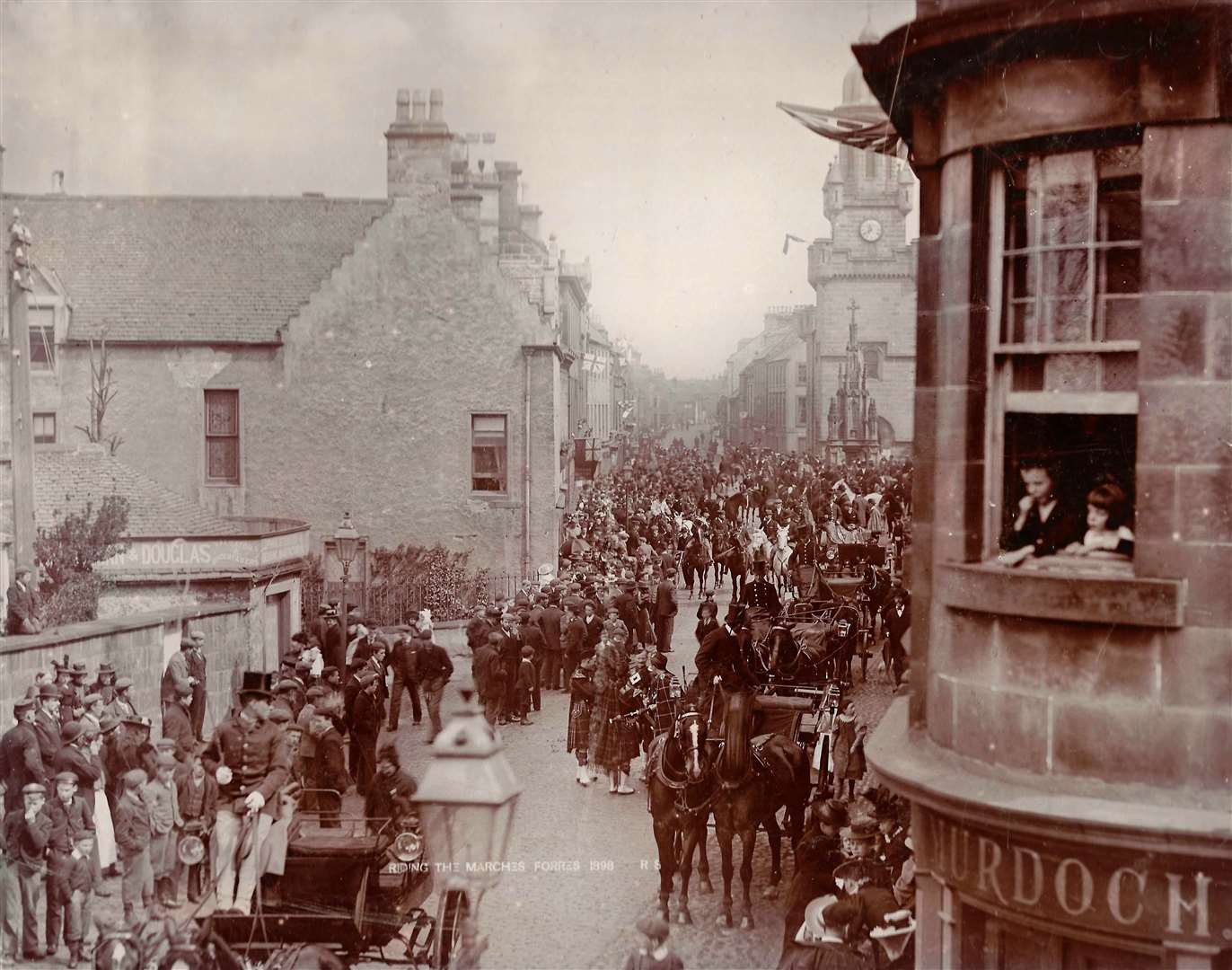 Riding the Marches, High Street, by R Stewart, Elgin, taken in May, 1898, donated by Joan and Douglas Grant of Moravian Press.