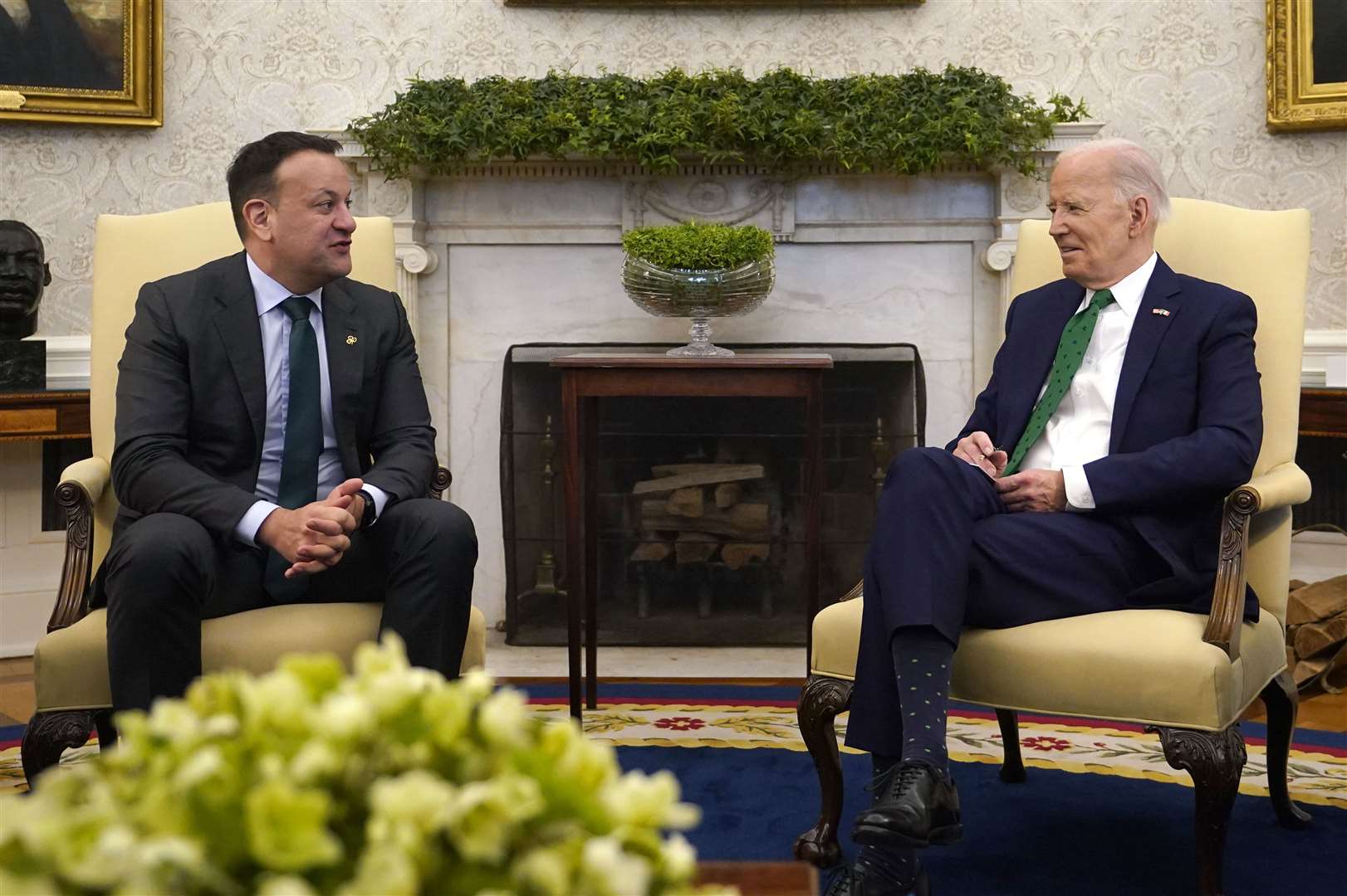 Taoiseach Leo Varadkar (left) at a bilateral meeting with President Joe Biden in the Oval Office at the White House in Washington, DC. (Niall Carson/PA)