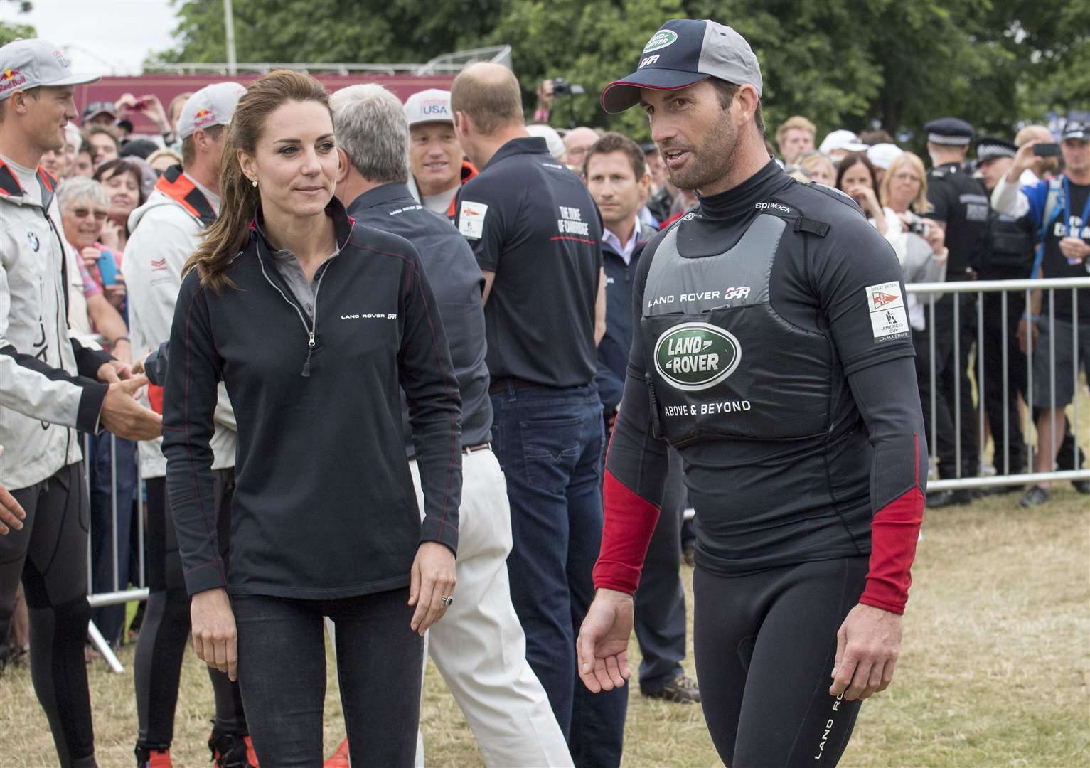 The Duchess of Cambridge and Sir Ben Ainslie in the Race Village at Portsmouth during a visit to see the America’s Cup World Series (Arthur Edwards/The Sun/PA)