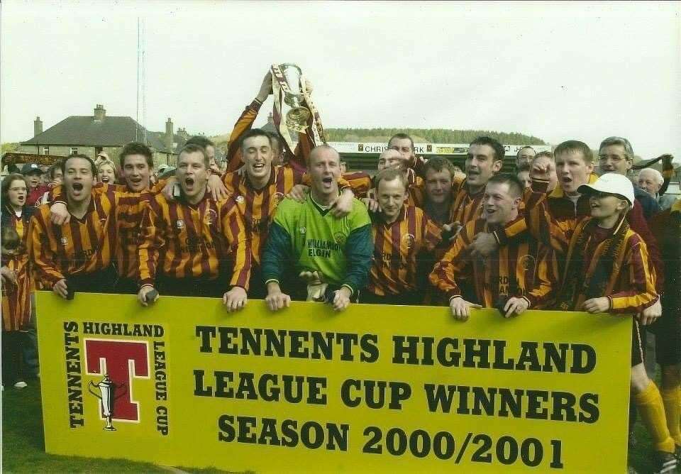 Forres Mechanics were one of Martin's greatest passions. He can be seen here (bottom right) celebrating the Cans' Highland League Cup win in 2001.