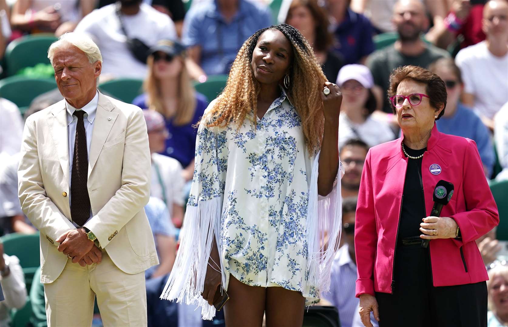 Former Wimbledon champions Bjorn Borg (left), Venus Williams and Billie Jean King during day seven of the Championships (John Walton/PA)