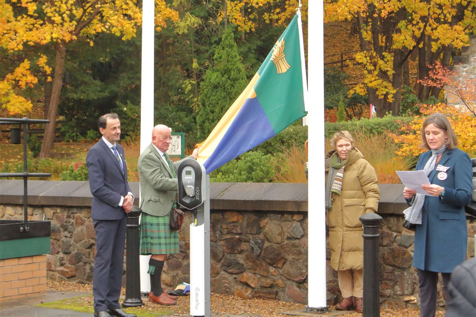 The new Moray flag is raised at Glen Grant Distillery in Rothes by Speyside-Glenlivet councillors Conservative David Gordon (left), independent Derek Ross and Julie Harris (SNP).