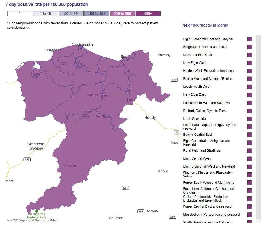 The map highlighting the spread of coronavirus in Moray.