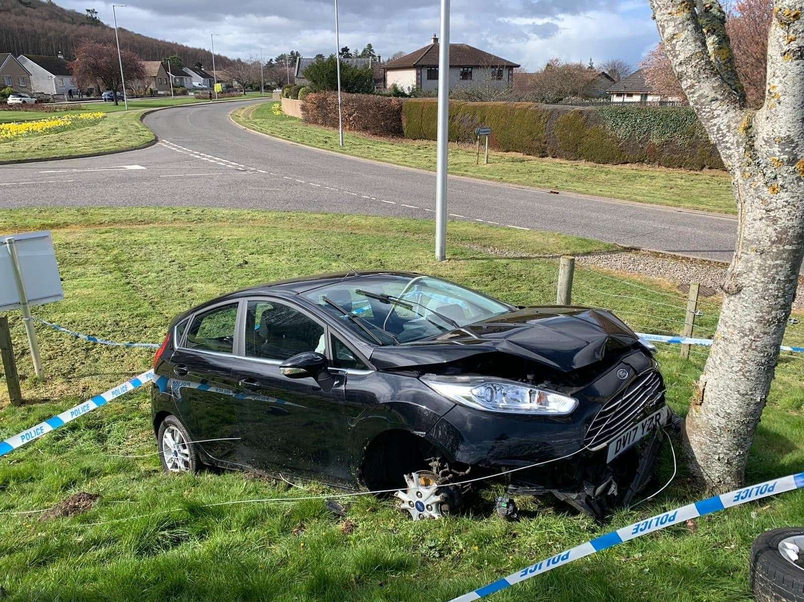 The badly damaged car near at the junction of Victoria Road and Forbeshill/Drumduan.