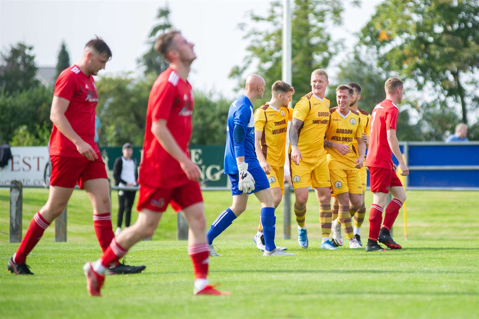 Forres frontman Lee Fraser celebrates after he scored the only goal of the afternoon. ..Forres Mechanics FC (1) vs Lossiemouth FC (0) - Highland Football League - Mosset Park, Forres 28/08/2021...Picture: Daniel Forsyth..