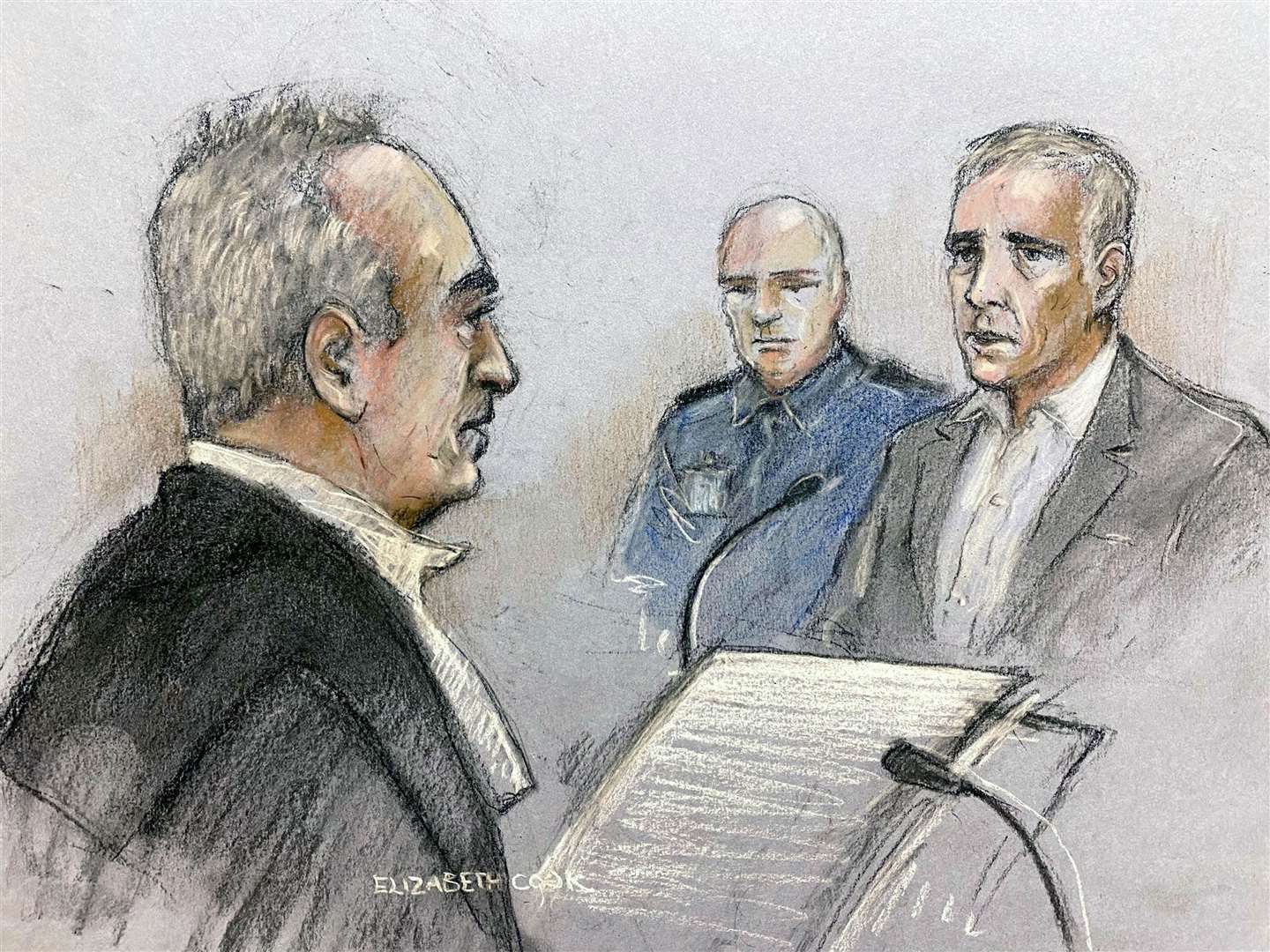 Court artist sketch of former Sinn Fein councillor Jonathan Dowdall being cross-examined by Hutch’s defence barrister Brendan Grehan (Elizabeth Cook/PA)