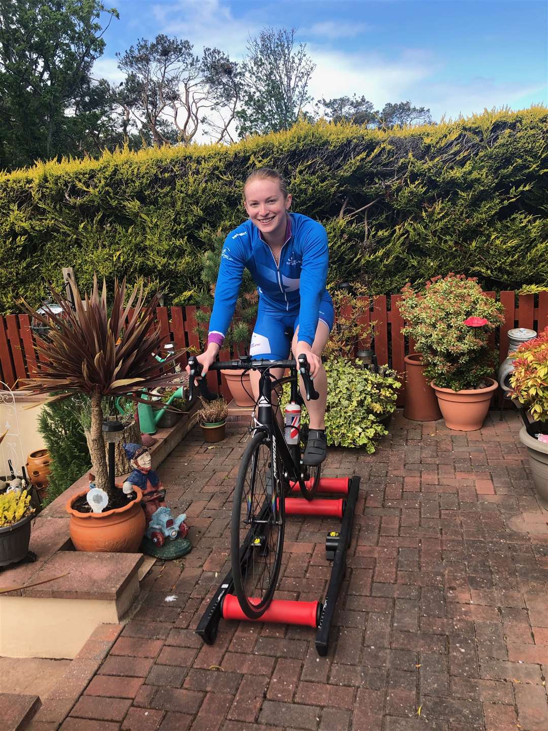 Lauren Bell has maintained her gruelling training with cycle sessions during isolation in the garden of her family home in Forres.